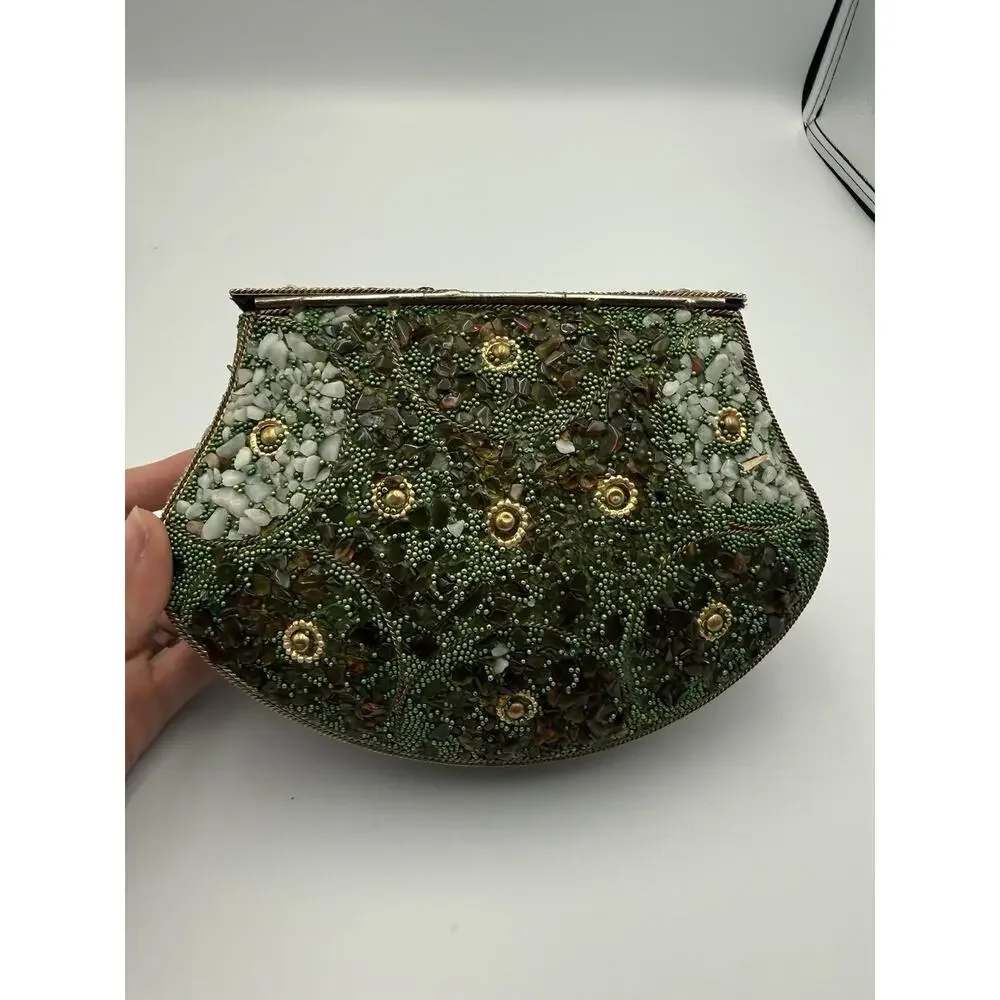 Vintage Mosaic Stone Hard Shell Evening Clutch Bag Green Quartz Beaded Purse